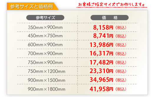 参考サイズと価格一覧